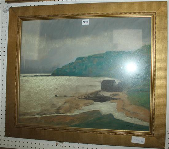 Gilt framed pastel, Beach scene, Charmouth